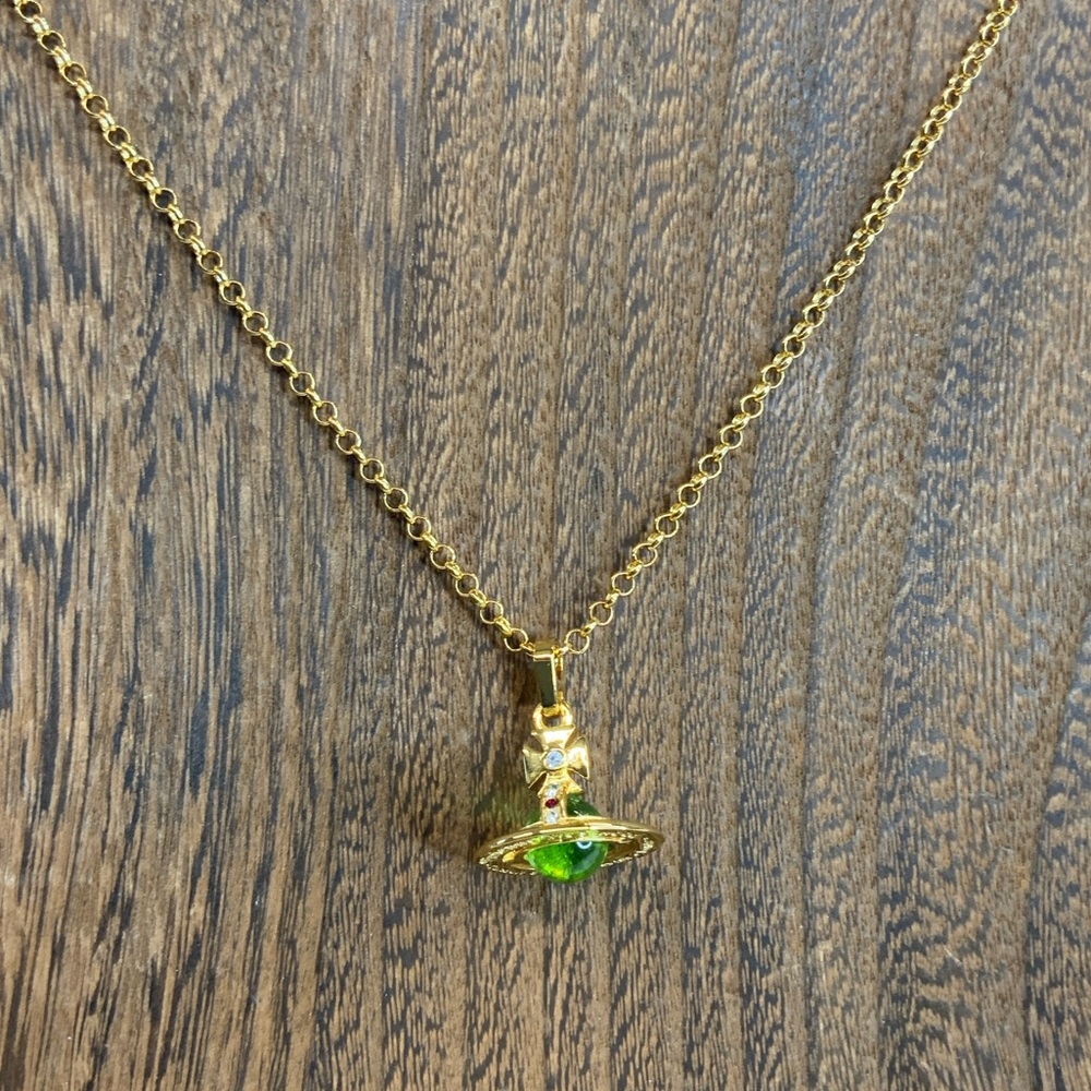 Vivienne Westwood Mila Gold-Tone Necklace with Green Orb Planet Pendant